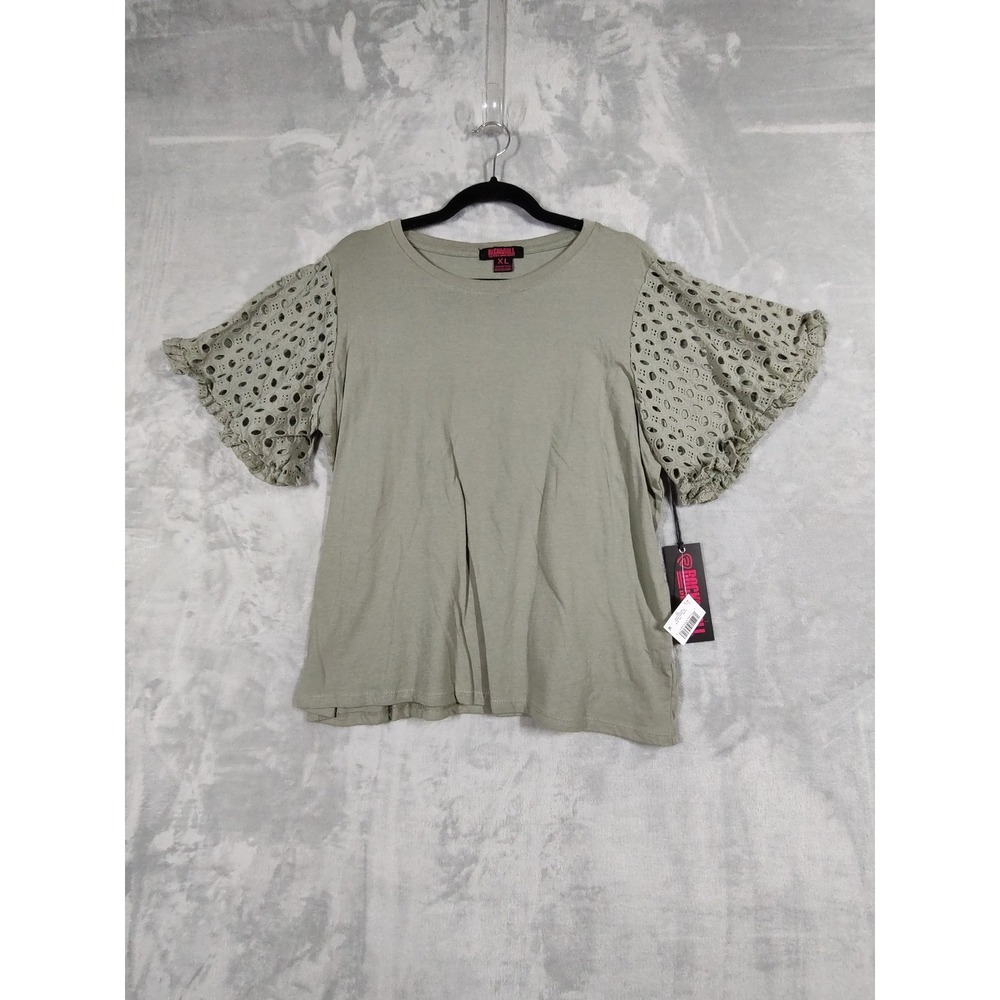 Rock & Roll Denim Womens XL Sage Green Eyelet Lace Flutter Sleeve Top